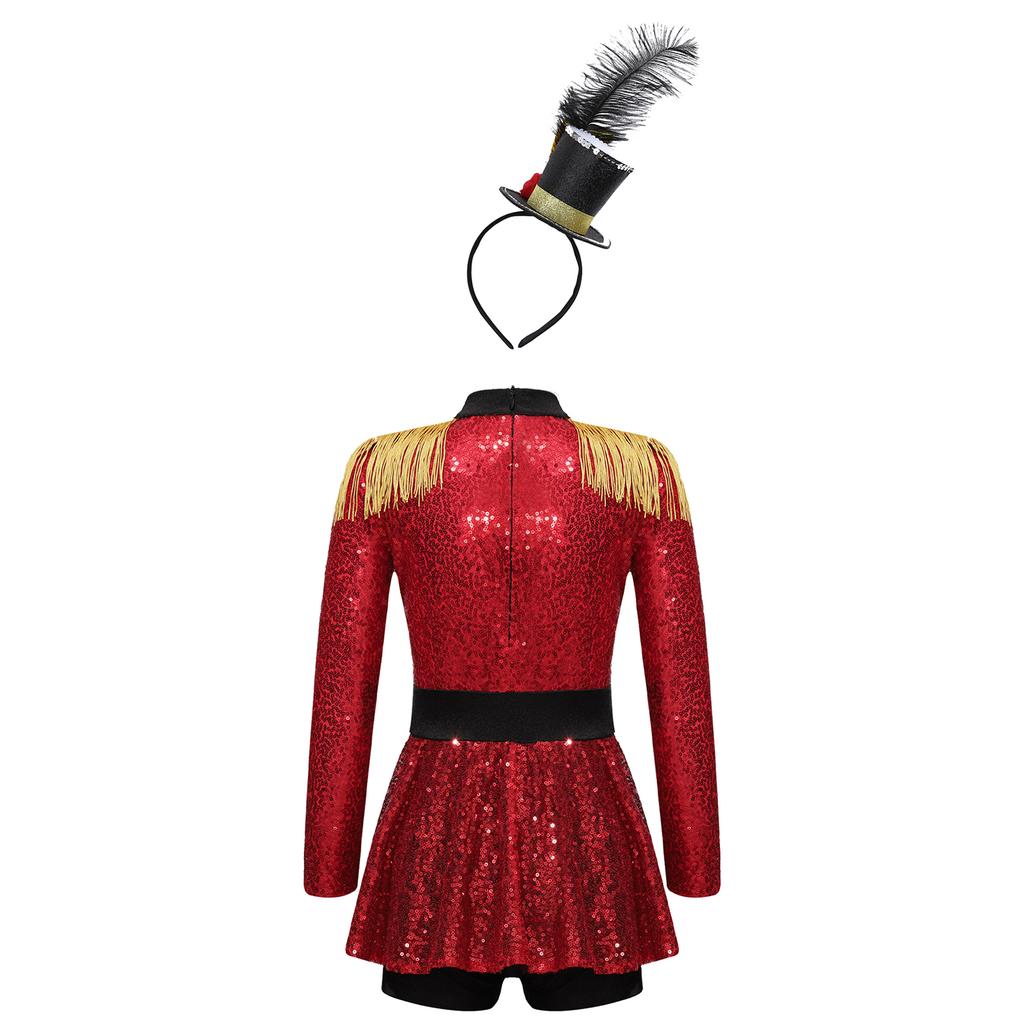 Kids Ringmaster Halloween Costume Set: Sparkling Sequin Bodysuit, Mini Top Hat & Feather Headband for Easy Dress Up & Role Play