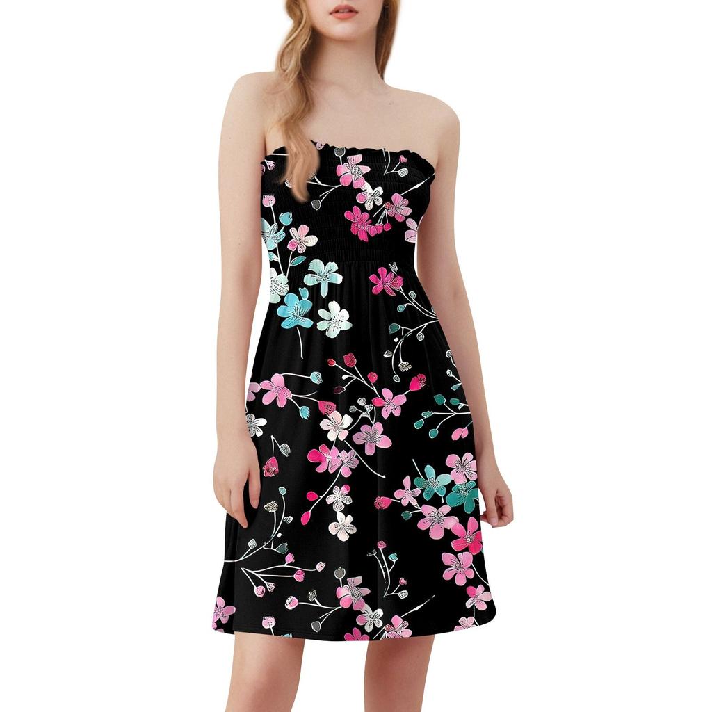 Modisches Damen-Freizeitkleid mit Bandeau-Ausschnitt und Blumendruck, ärmellos