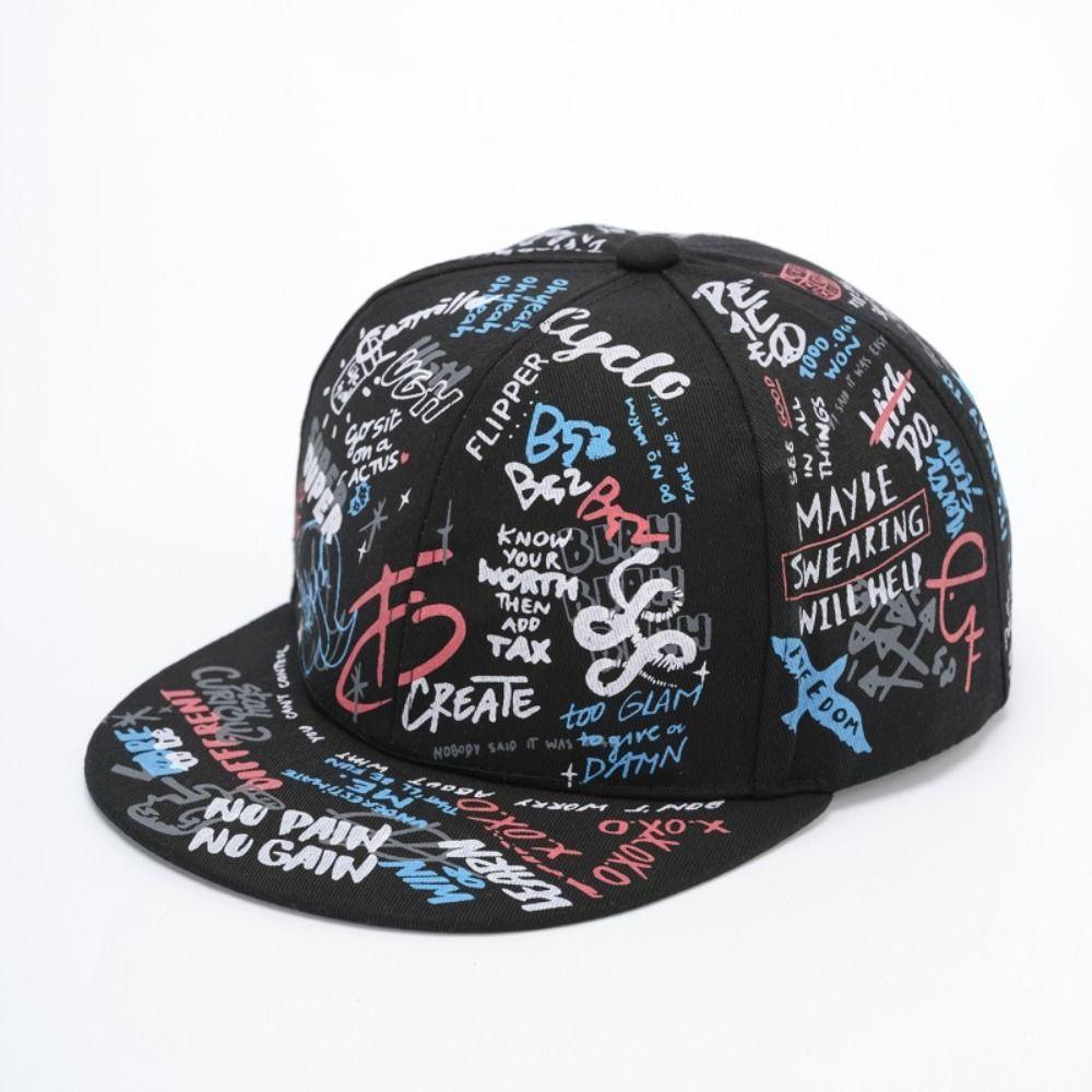All-Over Letter Print Graffiti Baseball Cap Flat Brim Snapback Cap For Man Women Unisex