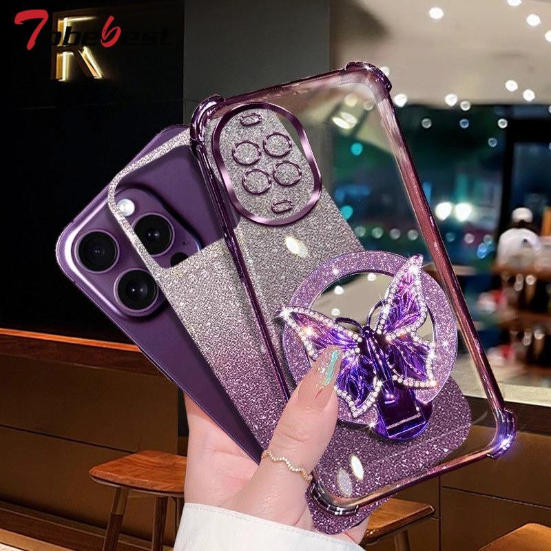 Glitter Butterfly Mirror Crystal Bracelet Case For Huawei Nova 14 Ultra 13 12 11 10 9 8 7 SE Pro Shockproof Plating Cover