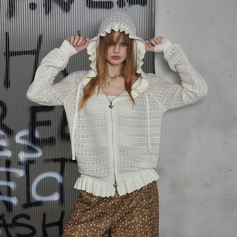 UNIFREE Women's Chic Ruffle Trim Hooded Openwork Knit Cardigan