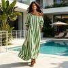 Casual Summer Dress Women Striped Long Dress Off Shoulder Sleeve Soft Ankle Length Loose Swing with Side Pocket Breathable Beachwear