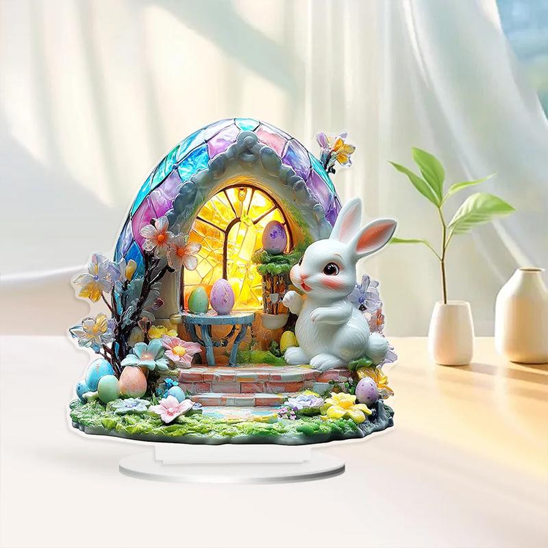 Easter Bunny Ornament Flat Acrylic Ornament Rabbit House Single Desktop Home Office Garden Ornament Yard Decoration Gift