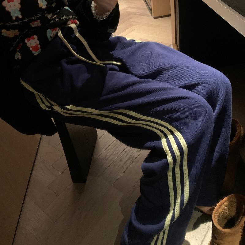 Blue sports wind side striped wide-leg sweatpants women's autumn new high-waisted loose mopping casual straight-leg pants