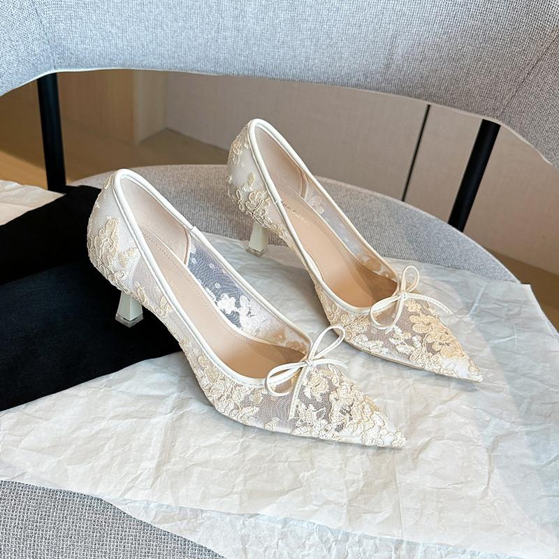 Fashion Fashion Mesh Lace Embroidery Bowknot Women Pumps Elegant Pointed Toe Office Thin High Heels Female Summer Party Dress Shoes