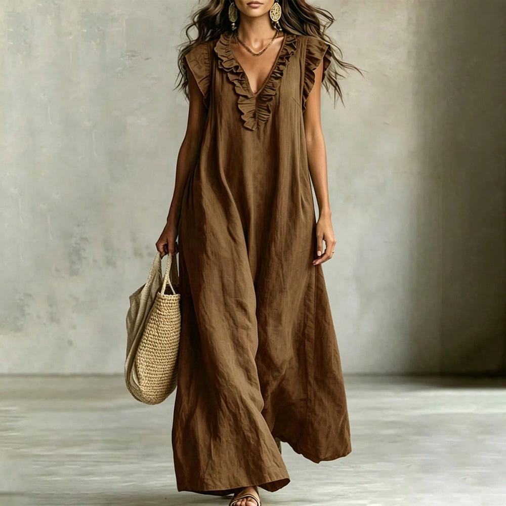 European and American Large Size Bohemian Vacation Long Dress Army Green Ruffle Edge V Neck Loose and Thin Cotton and Linen Sleeveless