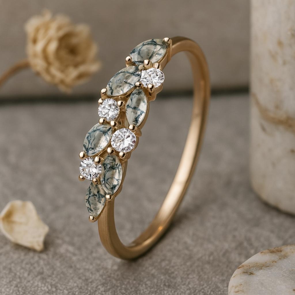 Moss Agate Leaf Band Ring, Yellow Gold Plated 925 Sterling Silver, Marquise and Round Stone Bridal Jewelry, Anniversary Gift for Her