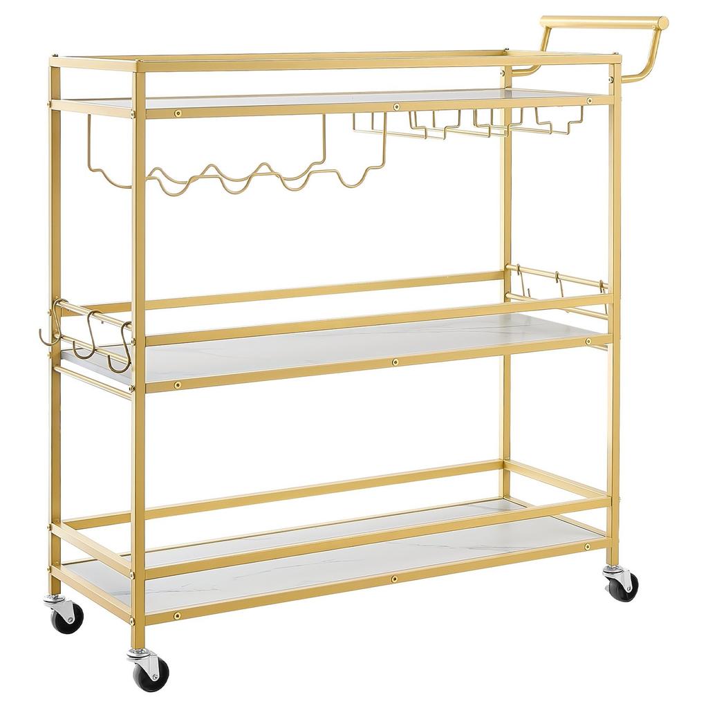 Bar Cart, 3 Tiers Home Kitchen Serving Carts, Modern Rolling Utility Station on Wheels, Mobile Drink Beverage Trolley with Wooden Shelf, Wine Rack,