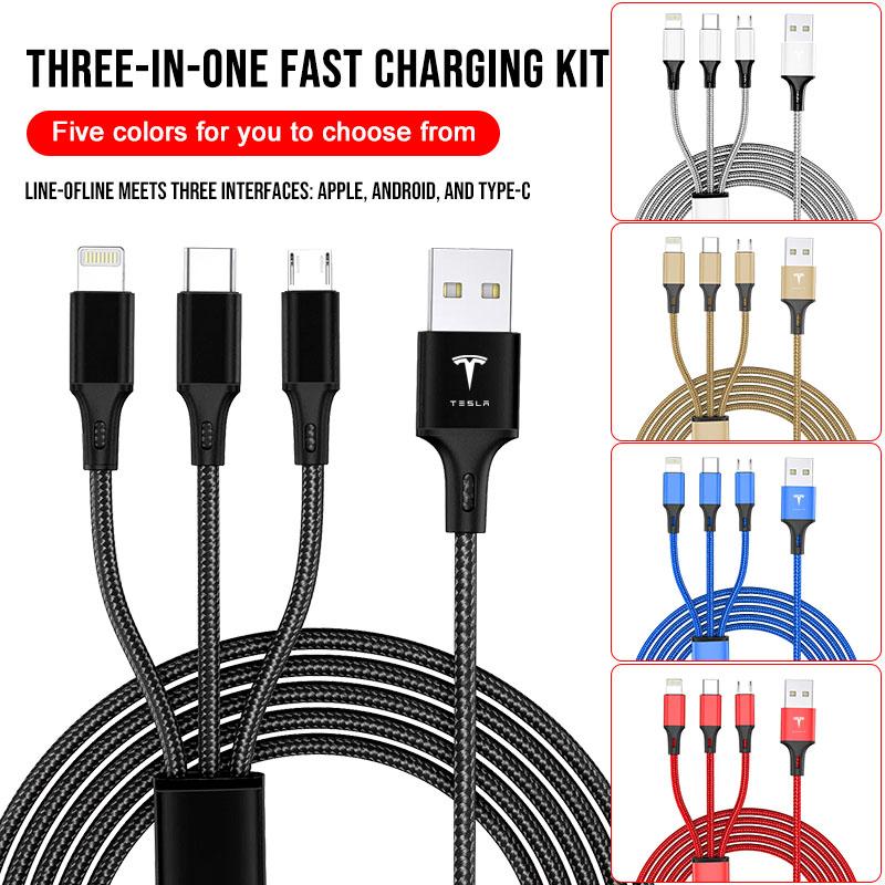 3 In 1 Type C Lightning Micro USB Fast Charging Cable for Tesla Model 3 S X Roadster Invader 2023 Coil Mod K80 Car Valve Cap