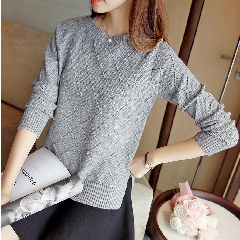 QICED Autumn and Winter Solid Color Crew Neck Pullover Sweater Women's Base Shirt Loose Small Fresh Sweater Long Sleeve Woman