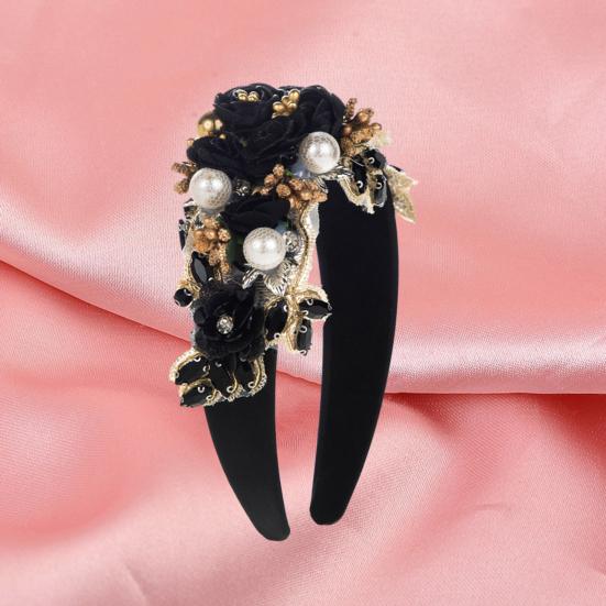 Women Heaband Fake Flower Faux Pearl Shiny Rhinestone Decor Wide Vintage Luxury Anti-slip Colorful Hair Hoop Anti-slip Hair Decoration Accessory