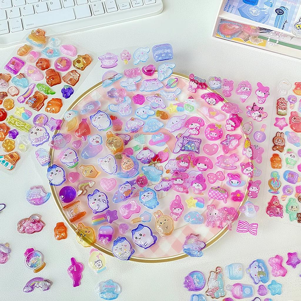 4 Pcs 3D Crystal Glow Stickers - Mix Sanrio Capybara Kuromi Decals Ideal for DIY Handbook Journal & Decor Gifts