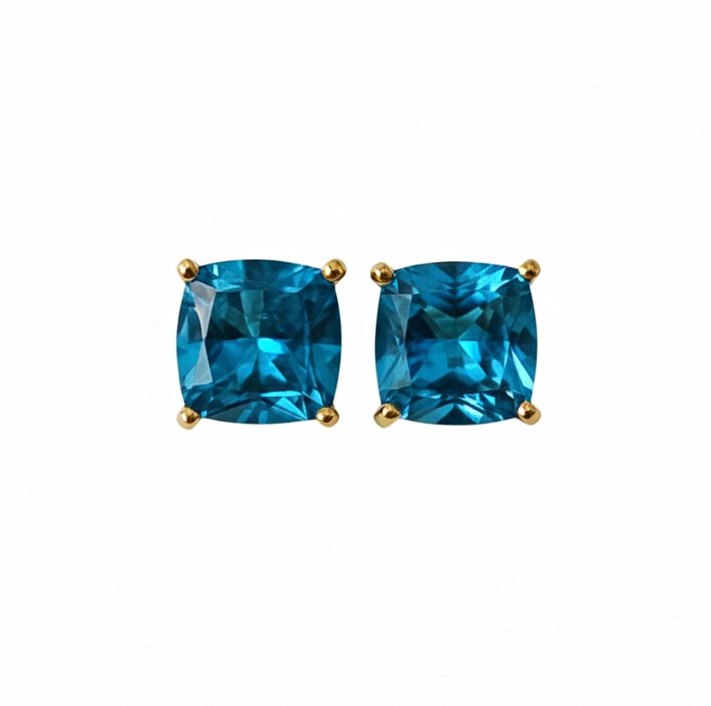 London Blue Topaz Stud Earrings, Handcrafted Square Cut Gemstone Studs, Everyday Wear Jewelry