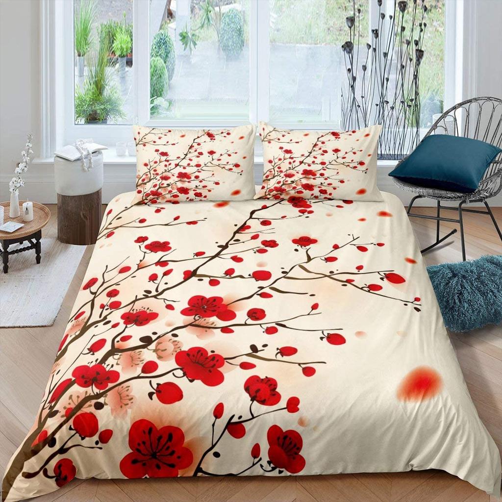 Cherry Blossoms Bedding Set Pink Floral Comforter Cover For Girl Teen Women Petal Flowers Duvet Cover Microfiber Bedspread Cover