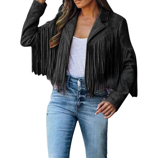 Women Coat Turn-down Collar Long Fringe Solid Color Long Sleeves Cardigan Loose