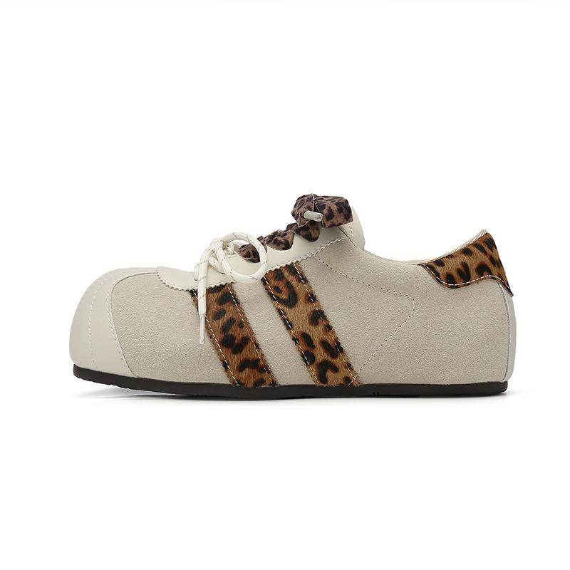 2025 Casual Four Seasons Heightening Retro Leopard Print New Suede Round Head Ugly Cute Contrasting Color Sports Women's Shoes