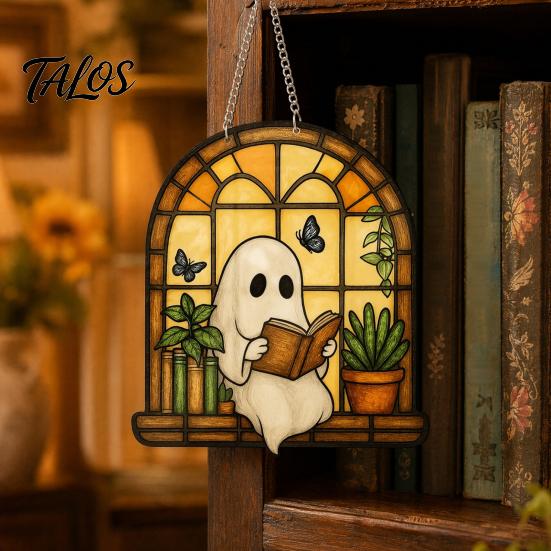 Window Suncatcher Decoration Halloween Ghost Reading Sun Catcher, Stained Glass Style Hanging Acrylic Catcher Ornament, Cute for Home Garden