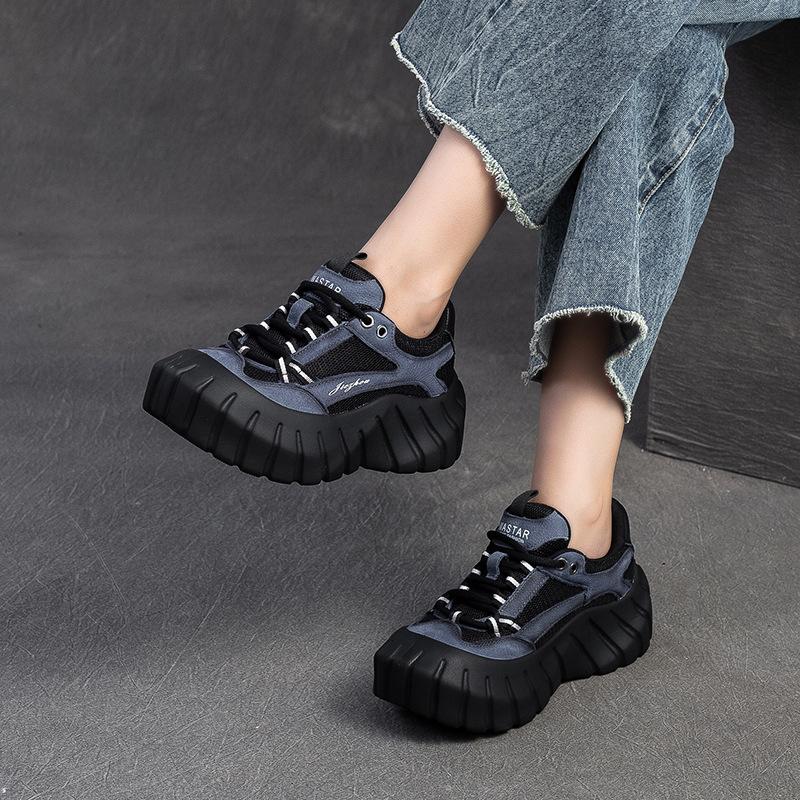 GKTINOO 5cm Air Mesh Cow Suede Genuine Leather Platform Wedge Luxury Shoes Fall Round Toe Lace Up Shallow Ethnic Ladies Women