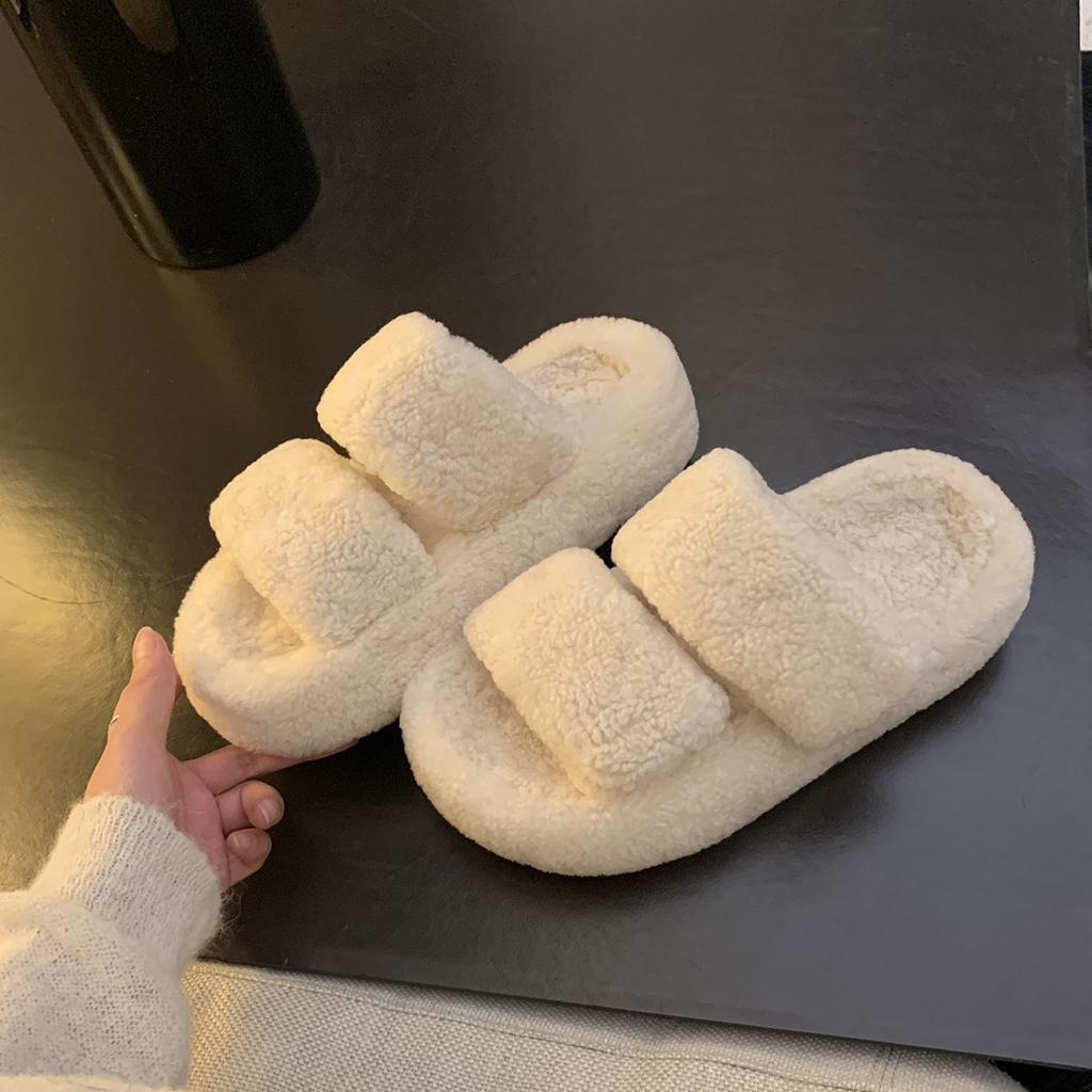 Height Increase of 5cm~ Soft Lazy Word with Fluffy Slippers Women's 2025 Autumn and Winter Muffin Thick-soled Cotton Slippers