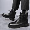 Winter Plush Mens Lace Up Leather Boots Genuine Leather Boots British Style Casual High Top Leisure Side Zipper Motorcycle Boots