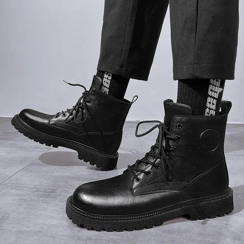 Winter Plush Mens Lace Up Leather Boots Genuine Leather Boots British Style Casual High Top Leisure Side Zipper Motorcycle Boots