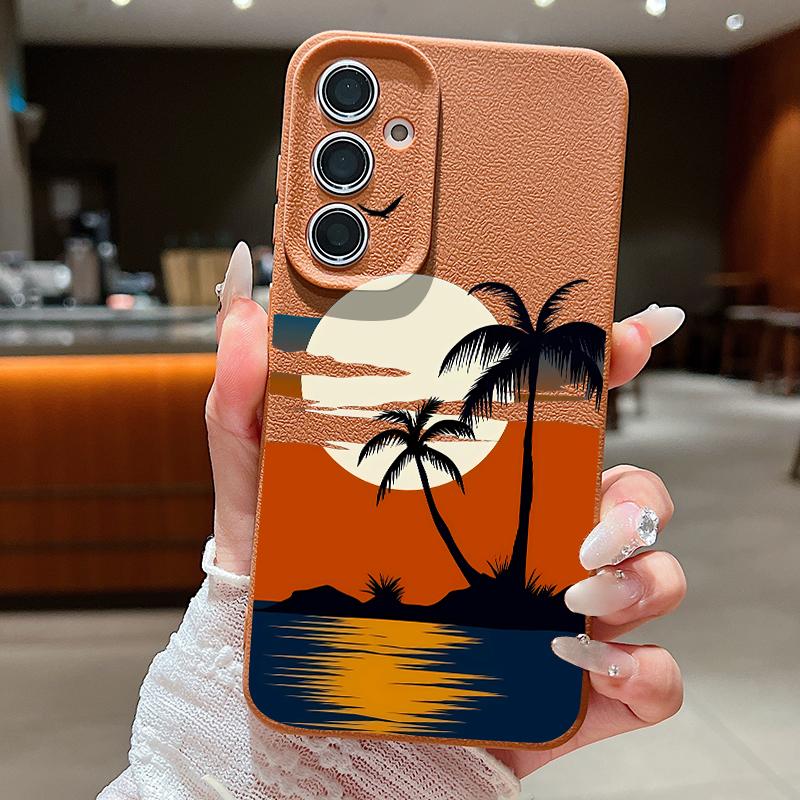 Creative Coconut Sunset Print Case For Samsung S26 S25 S24 Ultra S23 S22 S21 FE A15 A16 A17 A35 A36 A37 A54 A55 A56 A57 5G Leather Texture Cover