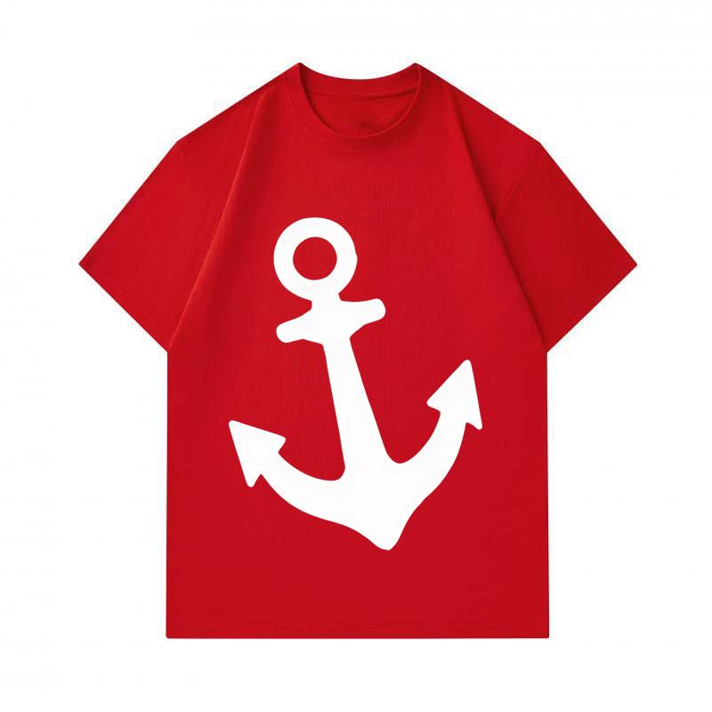 Men's 100% Cotton Short Sleeve Crew Neck T-Shirt, Classic White Nautical Anchor Print Casual Comfortable Tee, Breathable Lightweight Summer Top for Da