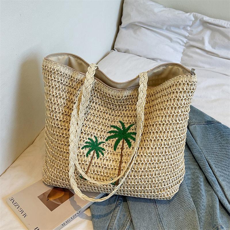

Yogodlns Summer Beach Straw Bag with Palm Tree Embroidery Large Woven Tote for Women Casual Shoulder Handbag for Vacation 44x13x31cm бежевый