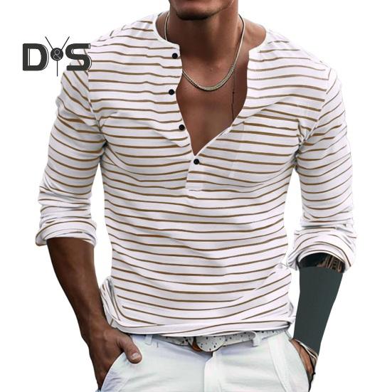 Fall Spring Men Top V Neck Striped Print Color Matching Long Sleeves Pullover Mid Length Casual Daily Wear Work Shirt