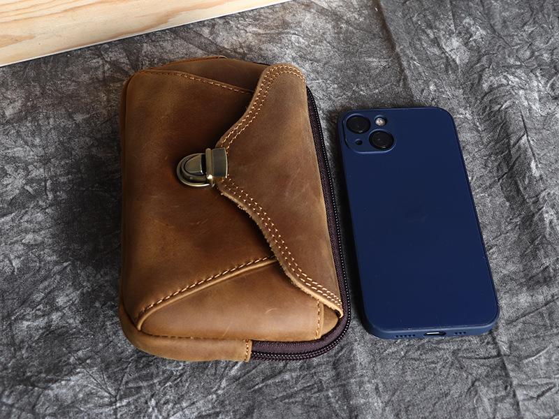 Men's Crazy Horse Top Grain Leather Waist Bag for 6.1-6.7" Phones
