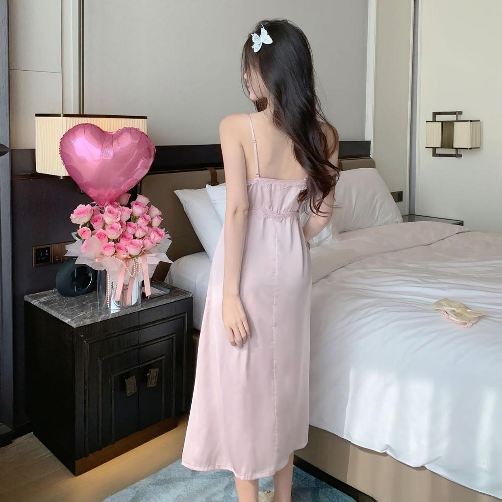 Sexy Pajamas Women's Ice Silk Thin with Chest Pads Long-sleeved Nightgown Nightgown Court Pure Desire Style Long Knee Loungewear