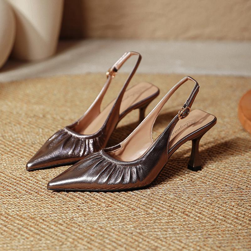 Baotou Sandals Women's Summer 2025 New French Pleated Shallow Mouth Empty Single Shoes Pointed High Heels Women's Stiletto