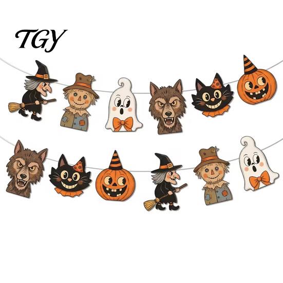 Themed Party Hanging Decorations 12Pcs Vintage Halloween Decor Wood Banner, Retro Banner Garland, Bunting Indoor Home Decorations, Spooky Pumpkin