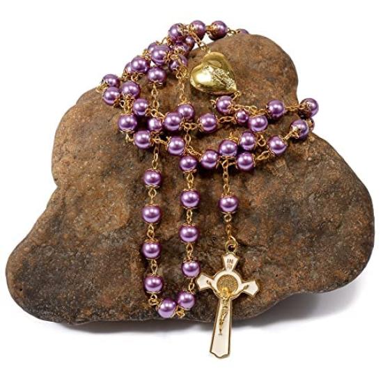 Nazareth Store Purple Pearl 8mm Bead Rosary Necklace Gold Prayer Chaplet Miraculous Open Up Locket Centerpiece Medal White Enamel No Gemstones Cross,