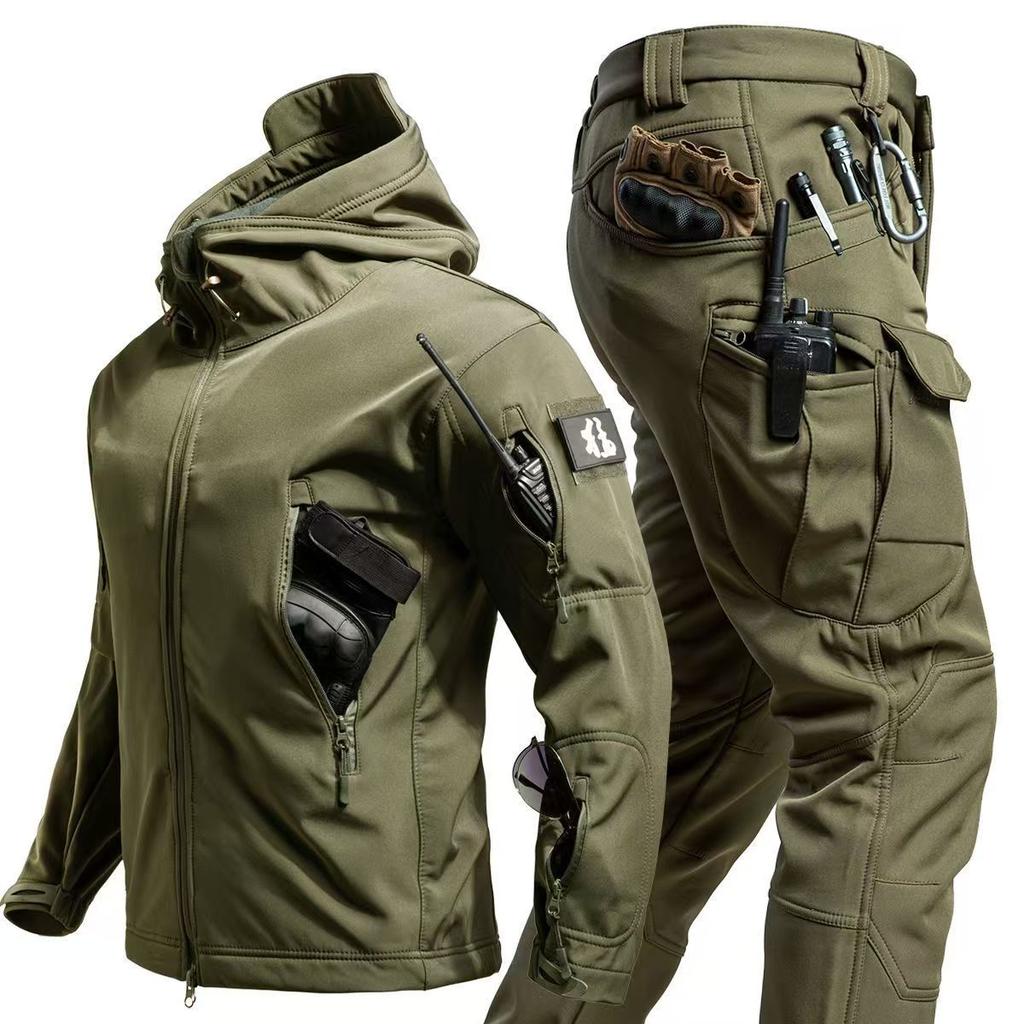 Tactical Waterproof Men Camo Set Soft Shell Fleece Winter Combat Suit Windbreak Warm Multi Pocket Outdoors Training Uniform