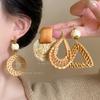 Wooden Rattan Straw Earrings Women's New Bohemian Vacation Style Earrings Exaggerated Face Small Stud Earrings