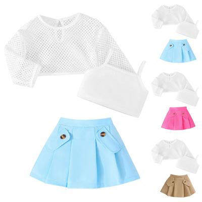 Zomer Meisjes Nieuwe Mesh Top met Lange Mouwen Korte Vest Sling Geplooide Rok Driedelige Set