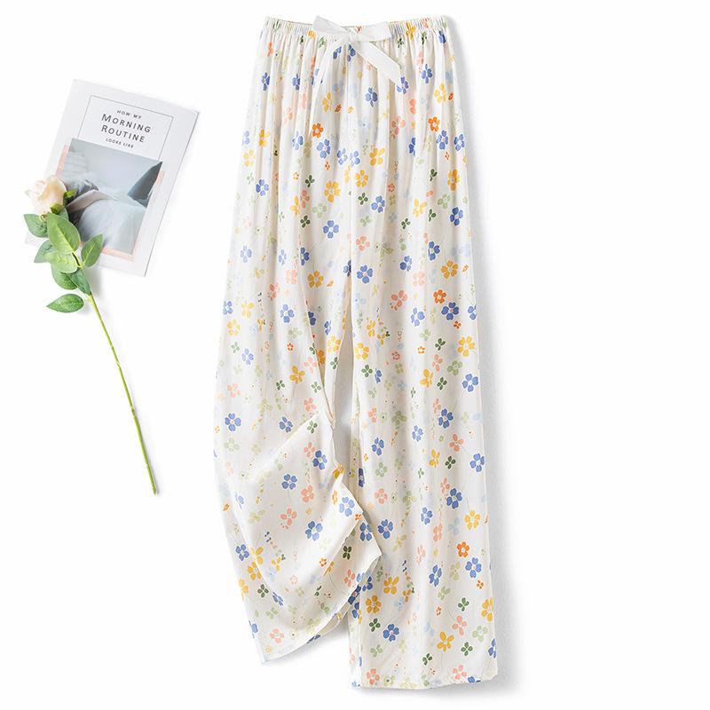 Pantaloni de pijama din bumbac mătase pentru femei, secțiune subțire de vară, anti-țânțari, pantaloni cu picior lat, culoare uni, pentru exterior, casă, petrecere a timpului liber, imprimeu, pantaloni de plajă până la genunchi