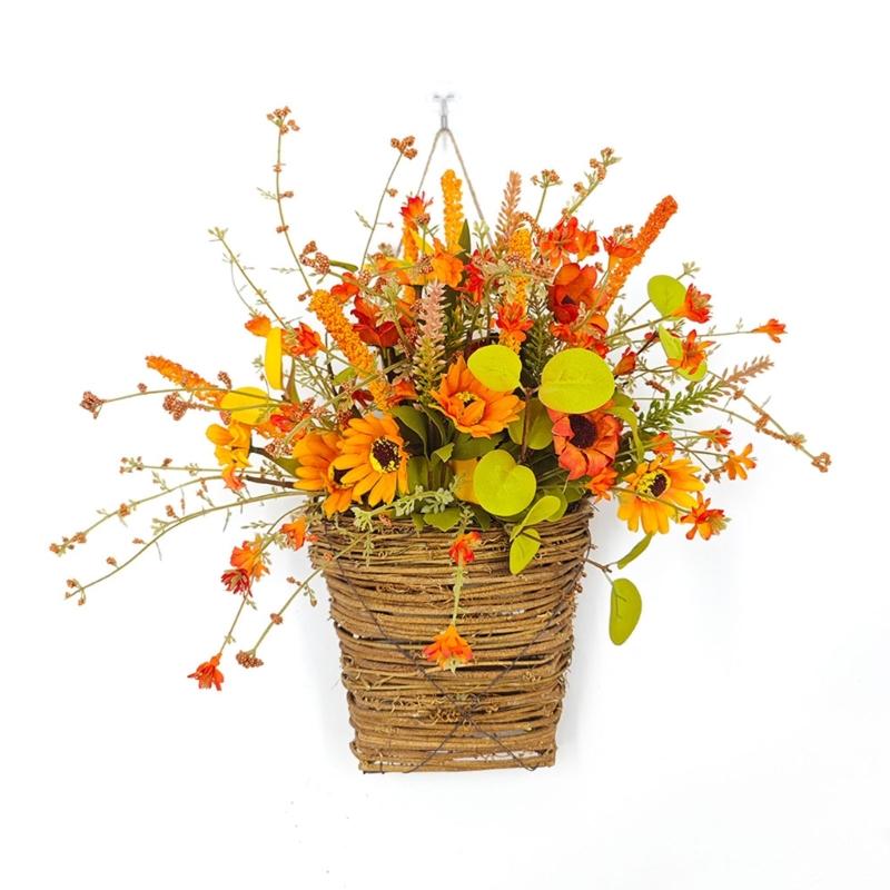 

Fall Sunflowers Basket Door Hanger Artificial Flower Plant with Rattan Flowerpots Front Door Wreath Hangings Decors Gift 1