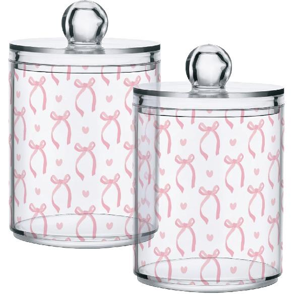 Gredecor 2 Pack Qtip Holder Clear Aesthetic Pink Ribbon Bow Apothecary Jars with Lids Acrylic Bathroom Jars Vanity Countertop Canister Storage