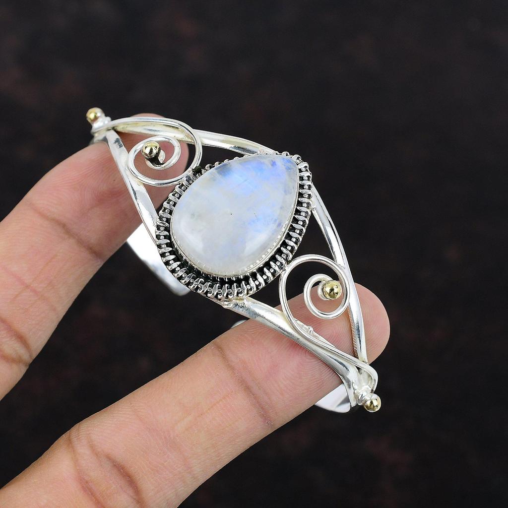 Rainbow Moonstone Bangle Handmade Gemstone Cuff 925 Sterling Silver Bangle Moonstone Jewelry 18K Gold Plated Adjustable Bangle Wedding Gift