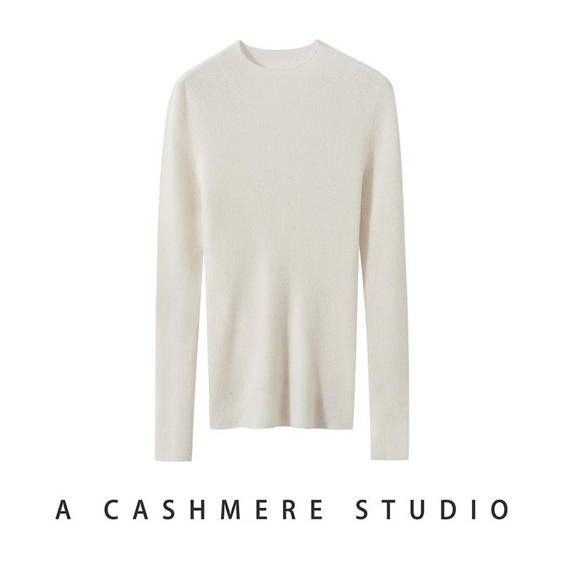 Women's Striped Slim-Fit Cashmere Knit Half-High Neck Top for Fall/Winter