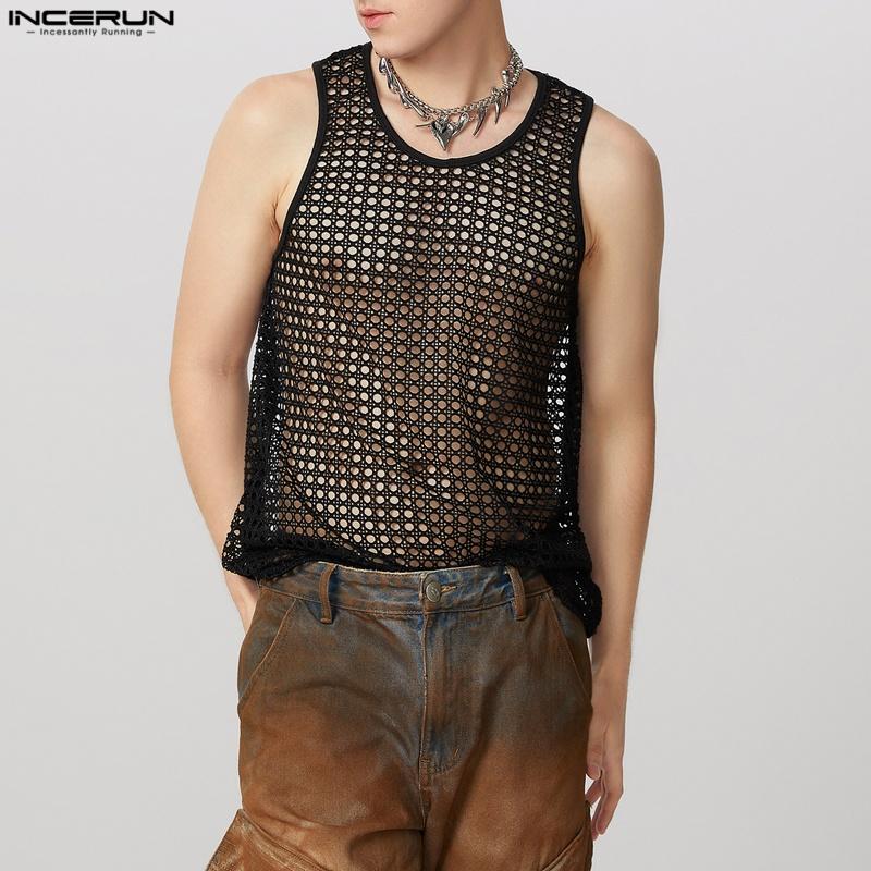 INCERUN Men Summer Hollow Sleeveless Vest Casual Loose Party Beach Net Yarn Tank Tops