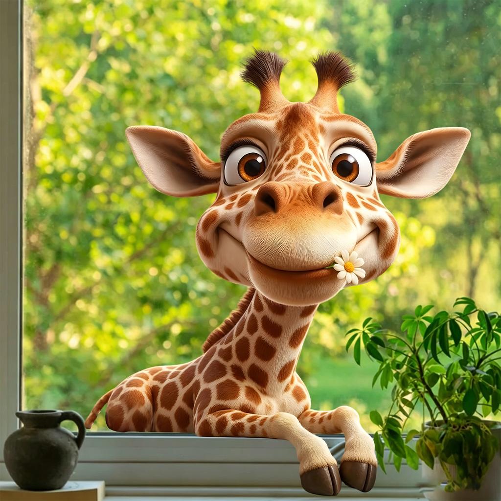 Cartoon Cute Giraffe Window Sticker - Non-adhesive and Removable - for Bedroom or Balcony Window Decoration