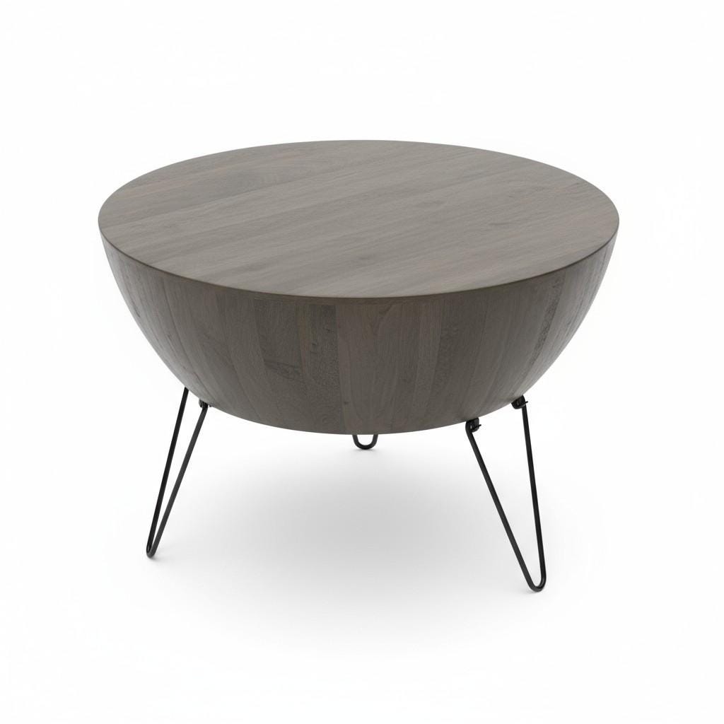 Modern Round Wooden Coffee Table | Solid Wood Center Table with Metal Hairpin Legs | Minimalist Mid-Century Living Room Furniture