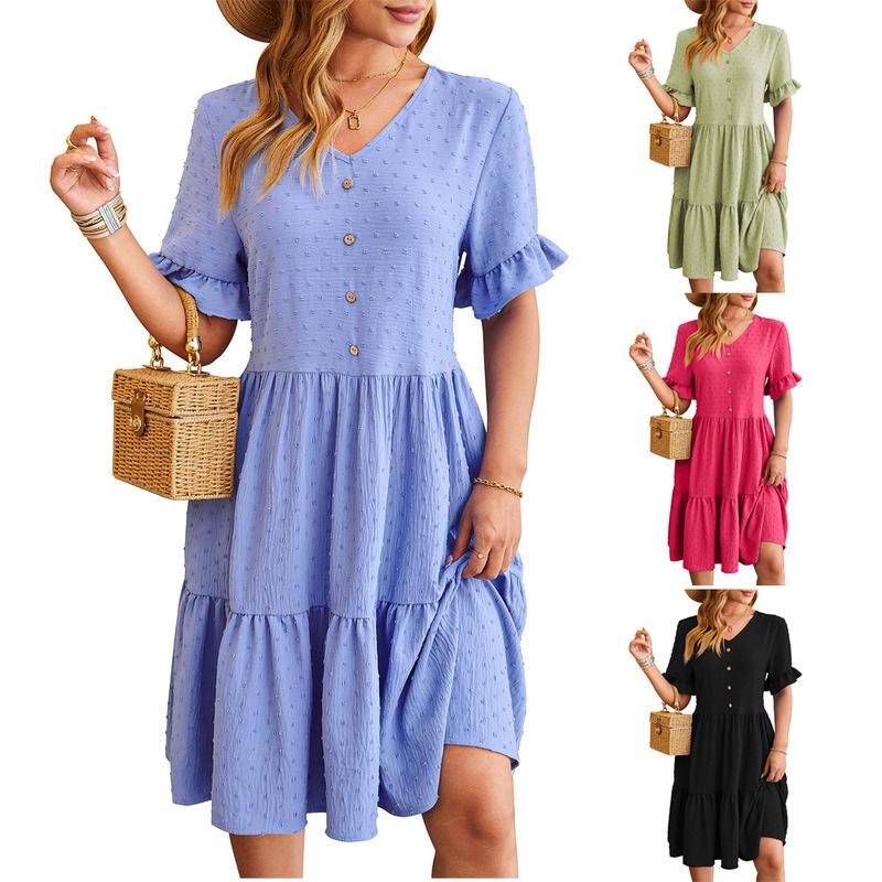 

YJKDYK 2024 Women s Summer Dress V-neck Jacquard Waist Button Cinched Five Quarter Sleeve Pleated Dress Women s Beach Dress S чорний