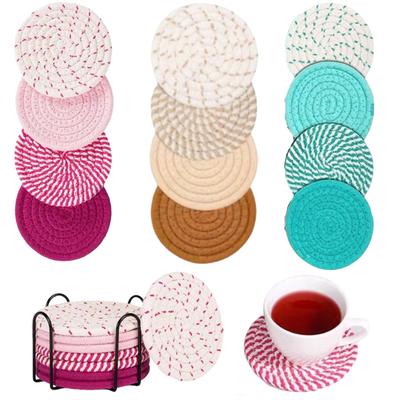 8 יחידות/סט תחתיות קלועות מחבל כותנה עם מחזיק, מחצלת מבודדת לשולחן לכוסות וקערות, עמידה, פד הגנה למשטח שולחן בבית קפה