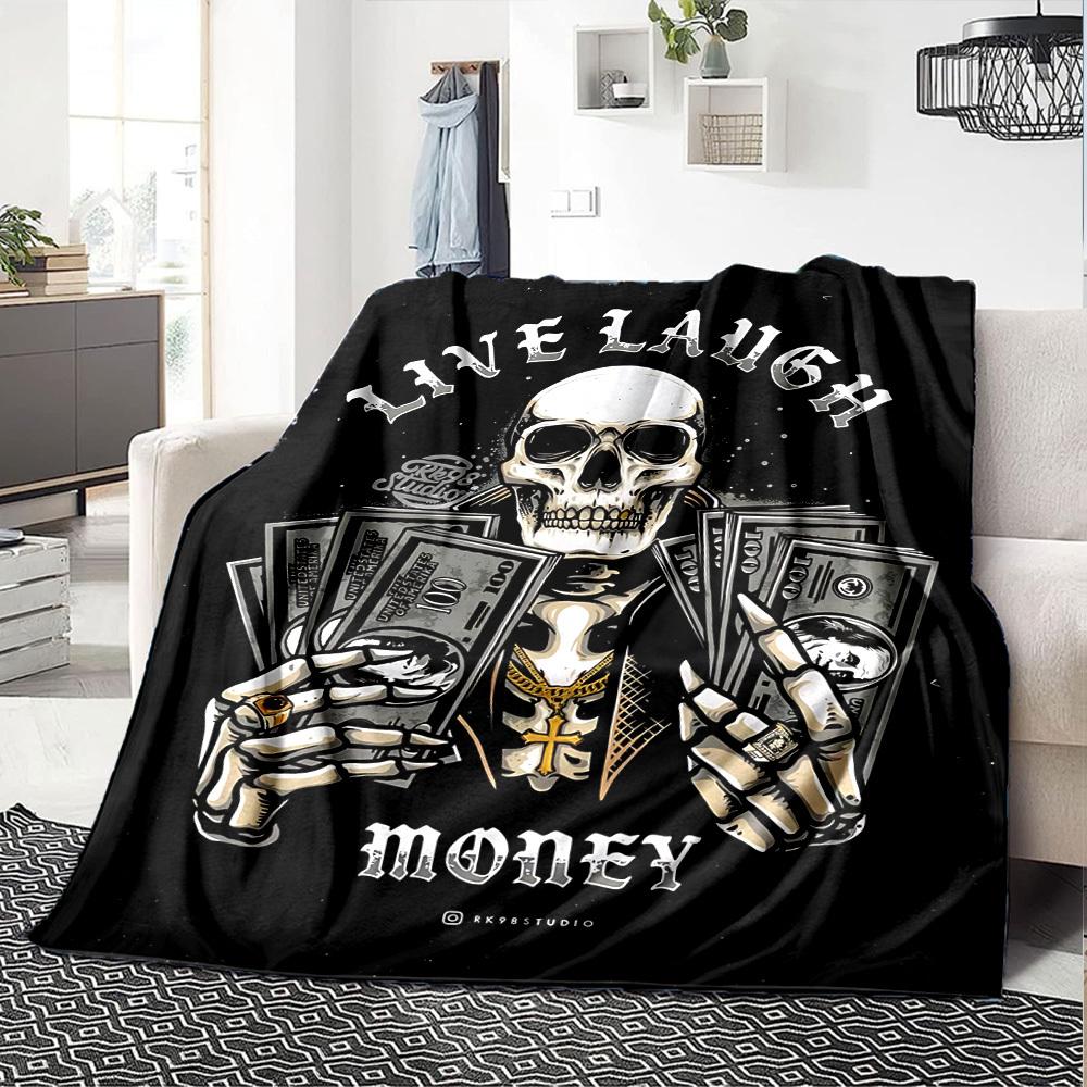 1pc Skull Money Throw Blanket Soft Flannel, Cozy All Season Polyester Perfect for Home, Office