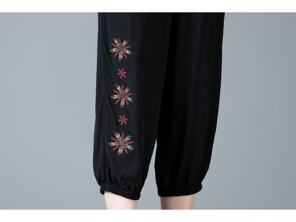 Mom's Summer Embroidered Cotton Linen Pants - Breathable Casual Fit for Women