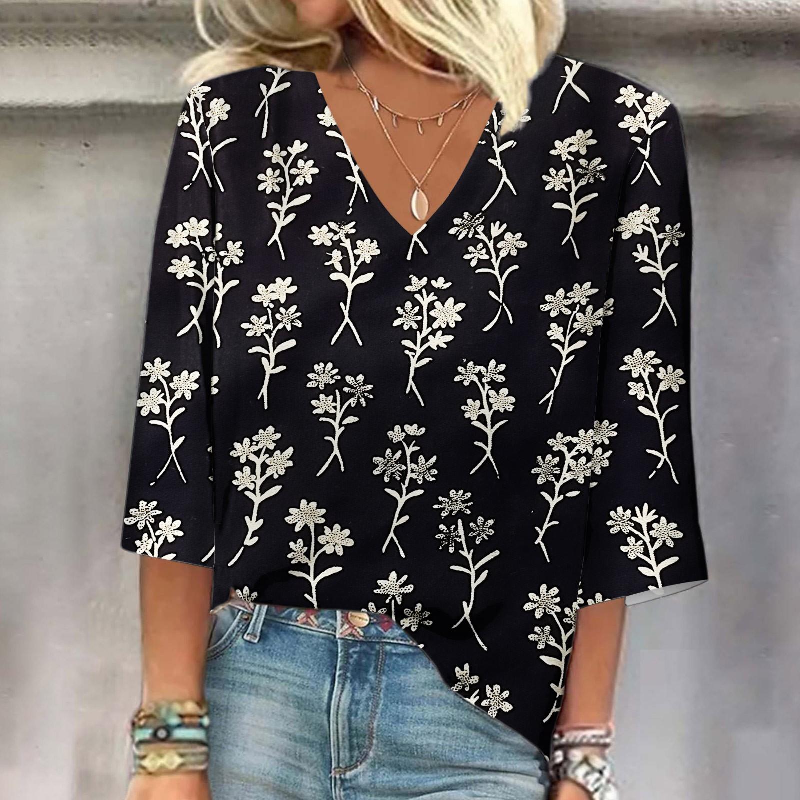 

Женская рубашка, блузка, повседневные свободные рубашки, рукава 3/4, топы с v-образным вырезом и принтом, топы с принтом, футболки, футболки M чёрный